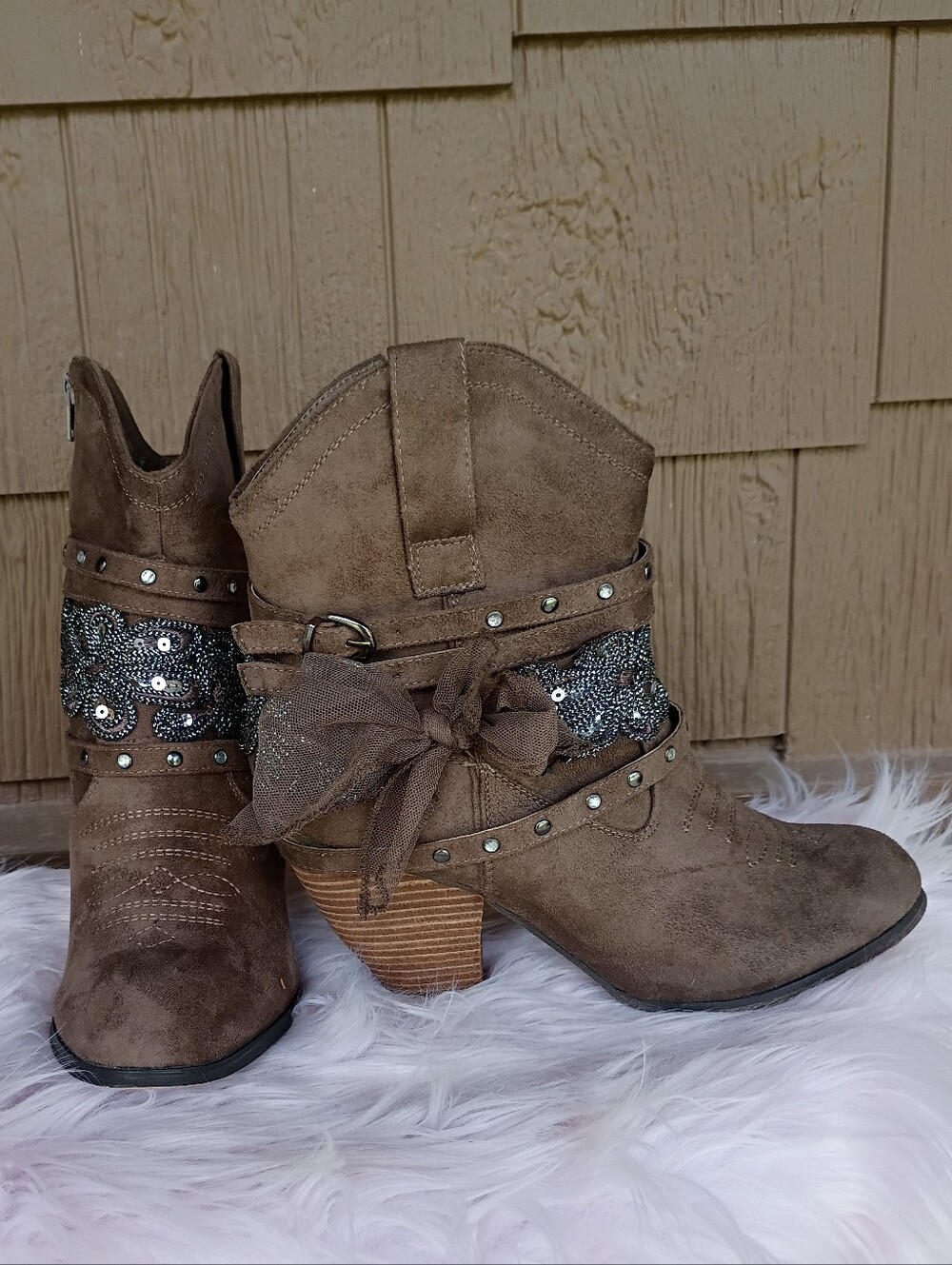Not Rated Brown Western Studded Sequin Mesh Bow Belt Buckle Ankle Boots Booties